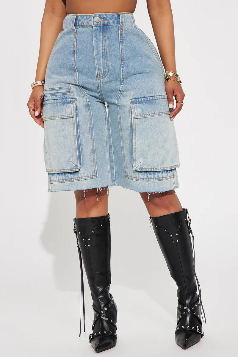 Denim Cargo Jorts - Light Wash