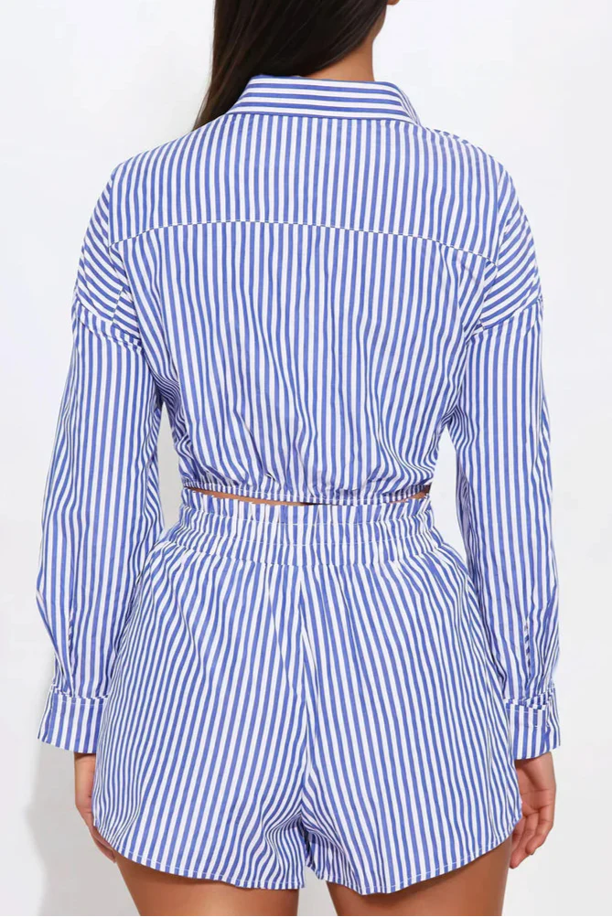 Blue Stripe Two-Piece Set – Tie Front Crop Shirt & High-Waist Shorts