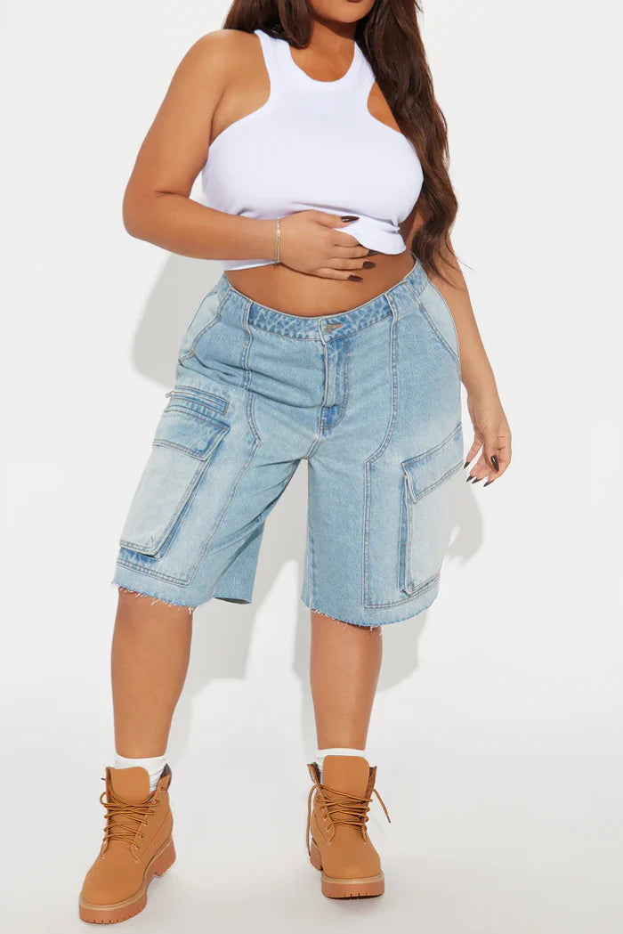 Denim Cargo Jorts - Light Wash