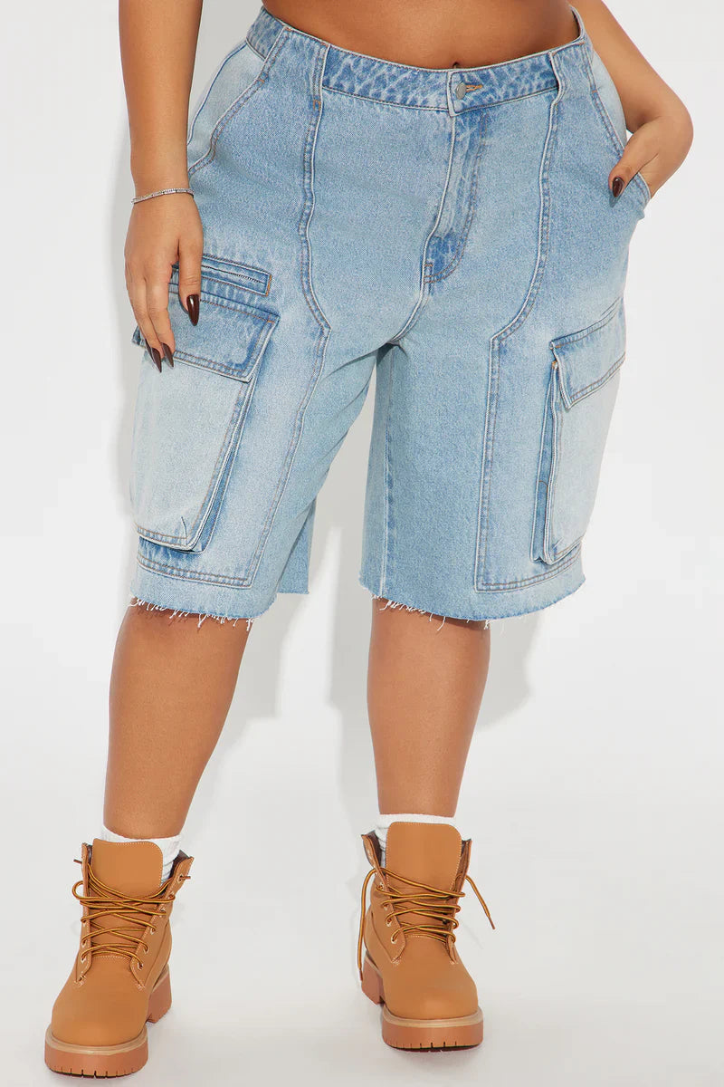 Denim Cargo Jorts - Light Wash