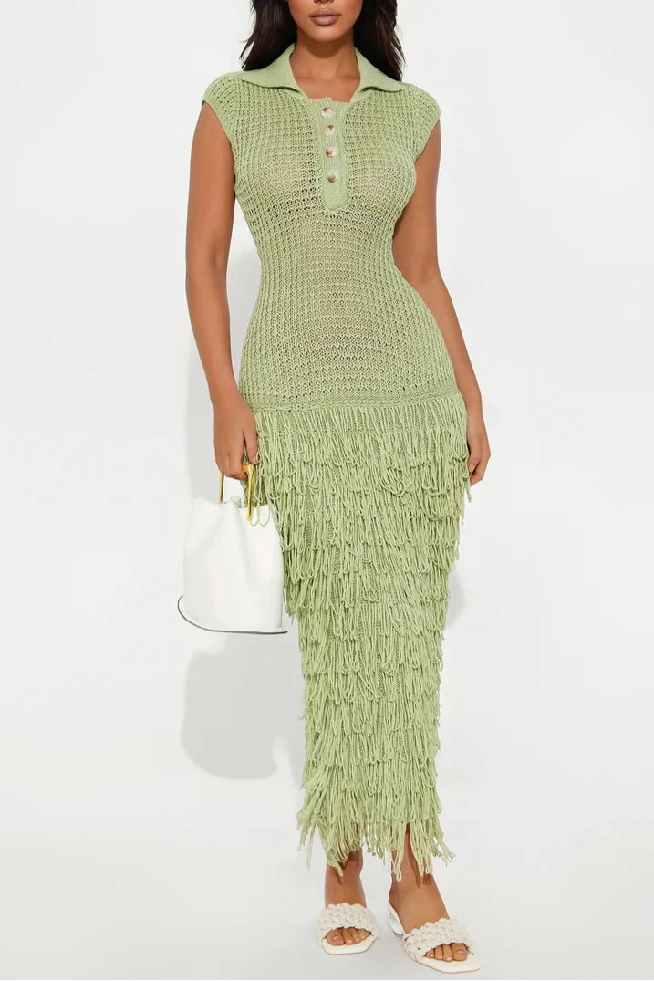Green Crochet Maxi Dress with Fringe Hem