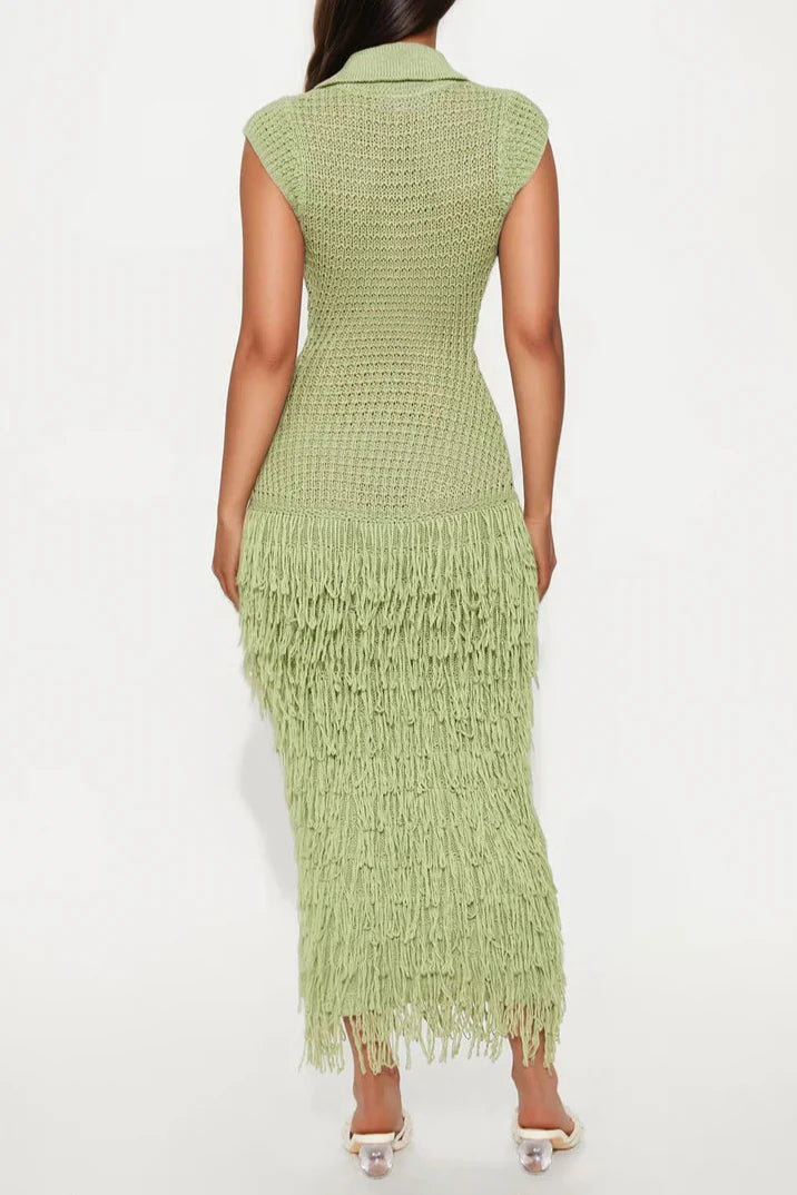 Green Crochet Maxi Dress with Fringe Hem