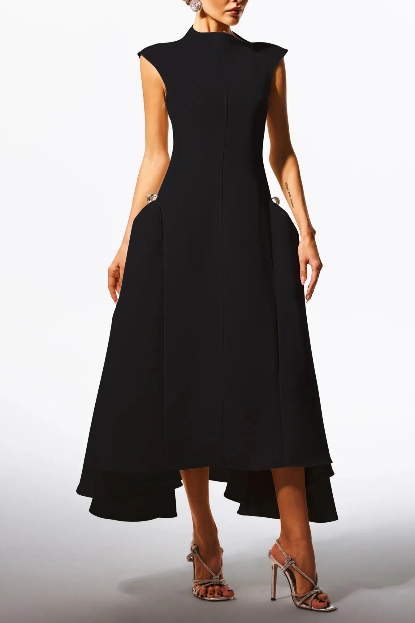 Black Sleeveless Metal Button Midi Dress
