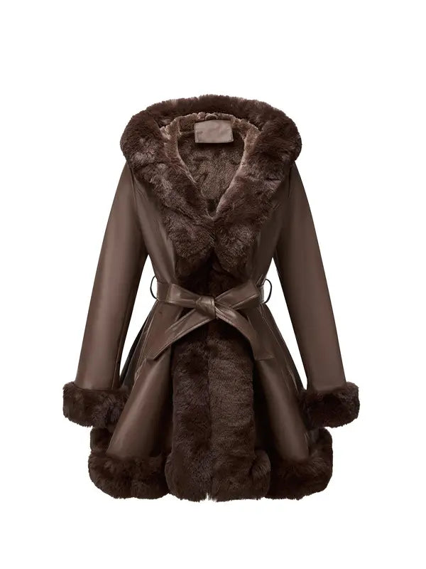 Women's Fall Winter Faux Leather Jacket with Detachable Belt