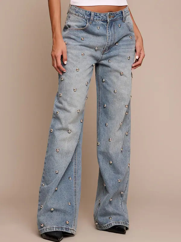Mid Blue Dome Stud High Waisted Denim Jeans