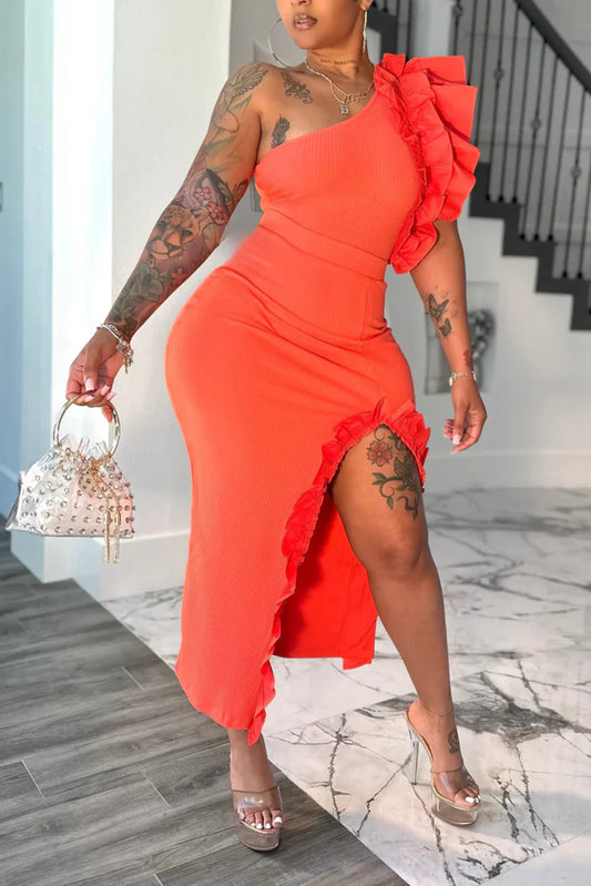 Fiery Ruffle One Shoulder Bodycon Slit Angela Skirt Set