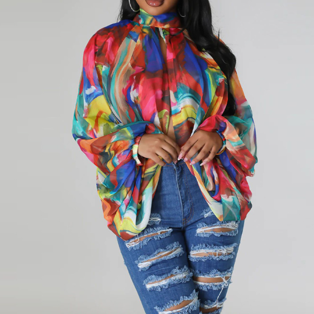 Printed Lace-Up Chiffon Top