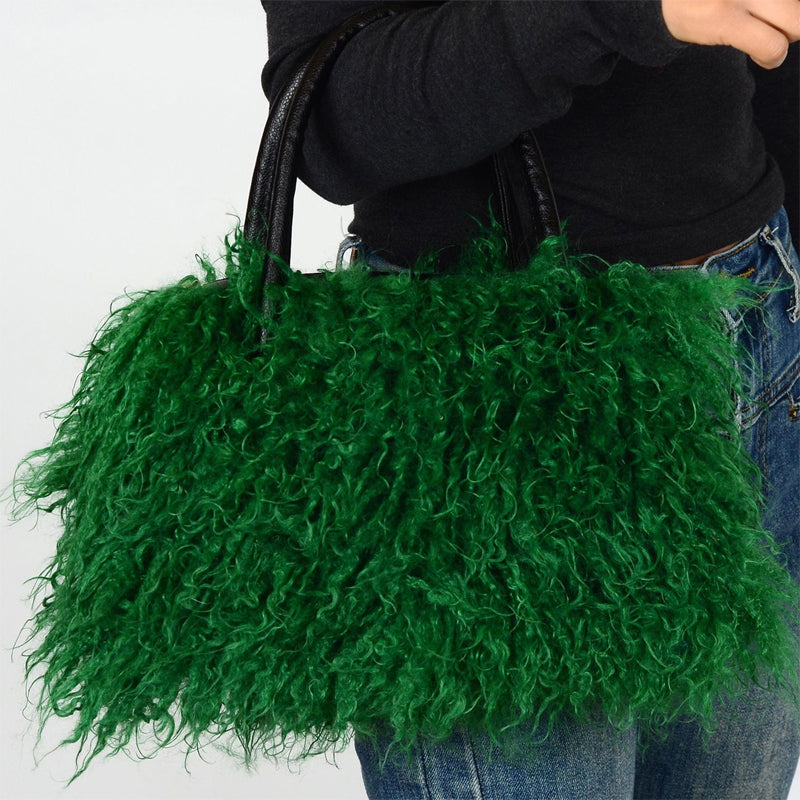 Imitation Wool Tote Bag With Genuine Leather Handles Handbag