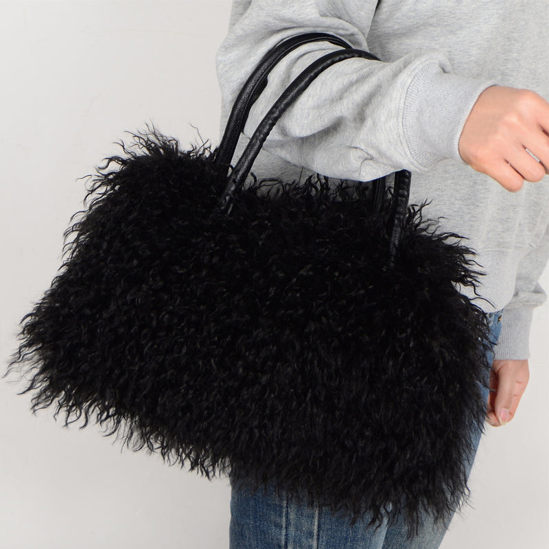 Imitation Wool Tote Bag With Genuine Leather Handles Handbag