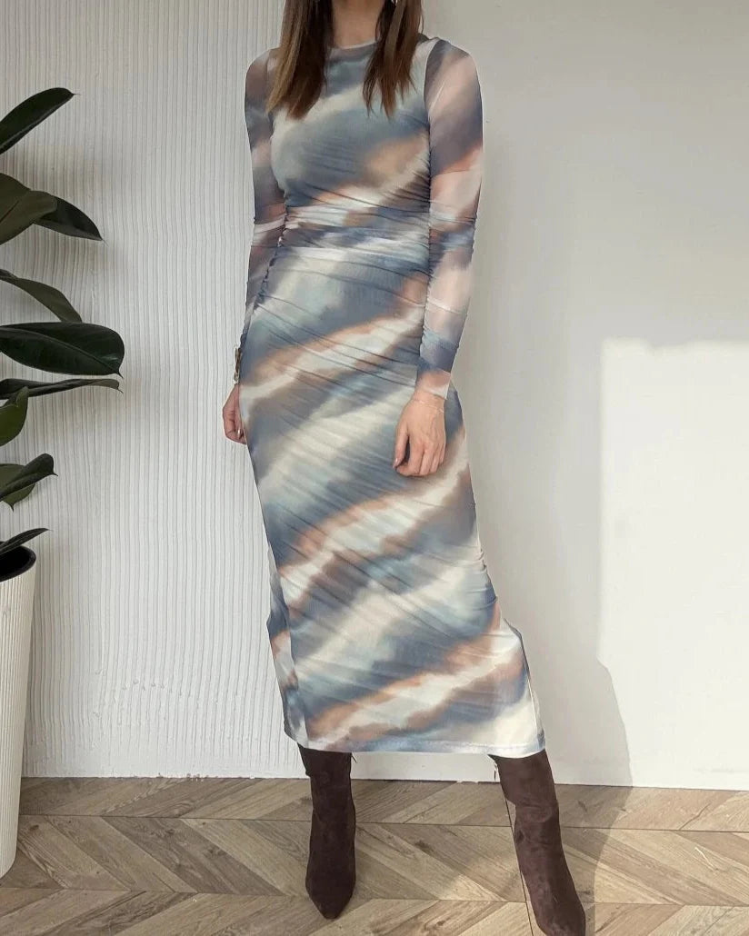 Elegant Gradient Printing Dyeing Long-Sleeve Maxi Dress