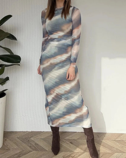 Elegant Gradient Printing Dyeing Long-Sleeve Maxi Dress
