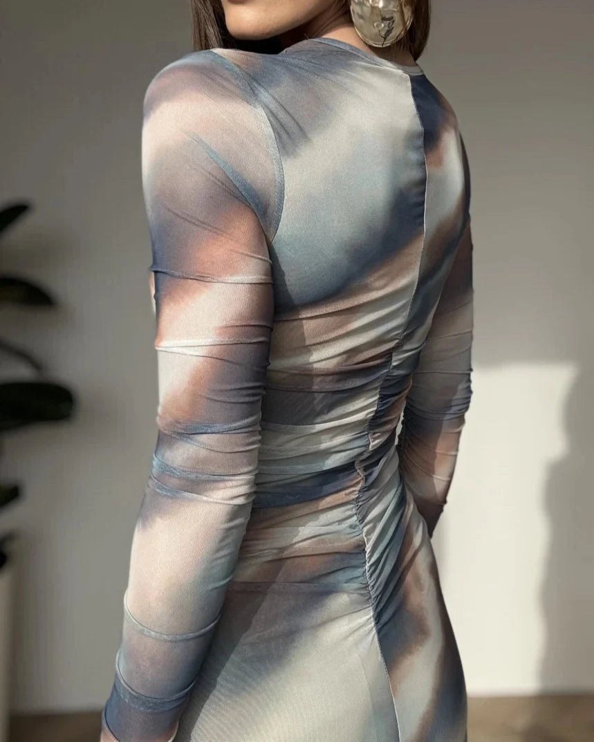 Elegant Gradient Printing Dyeing Long-Sleeve Maxi Dress