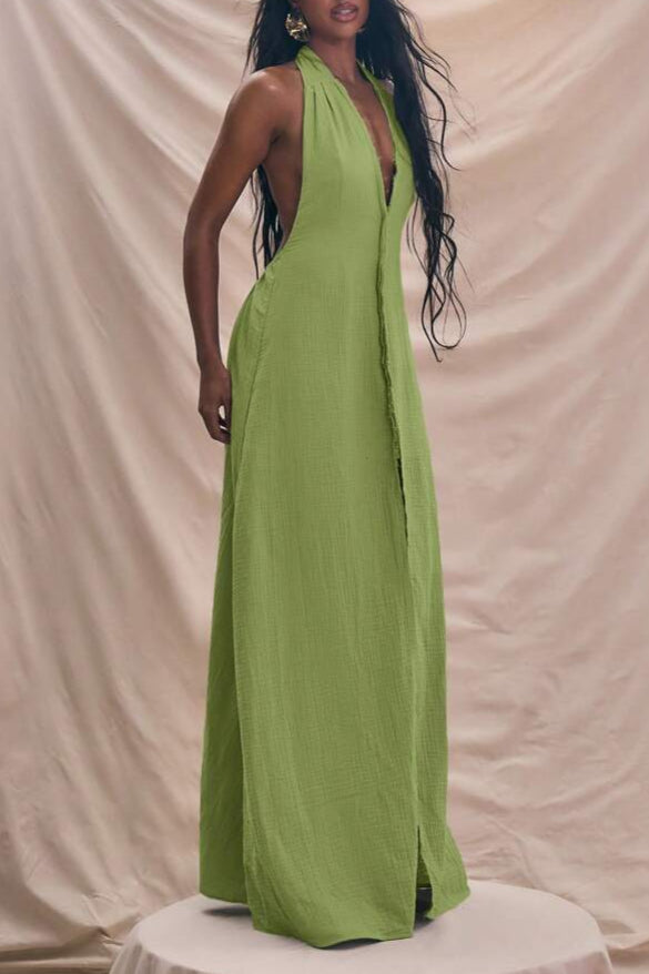 Halterneck Plunge Center Seam Detail Extreme Elegant Maxi Dress