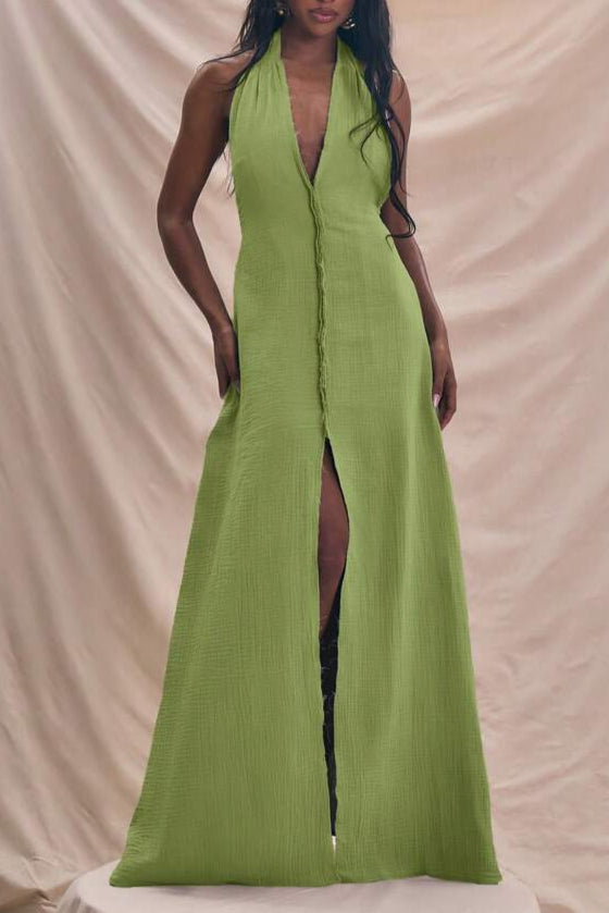 Halterneck Plunge Center Seam Detail Extreme Elegant Maxi Dress