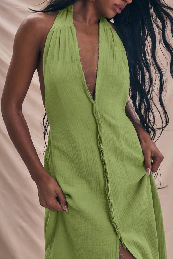 Halterneck Plunge Center Seam Detail Extreme Elegant Maxi Dress