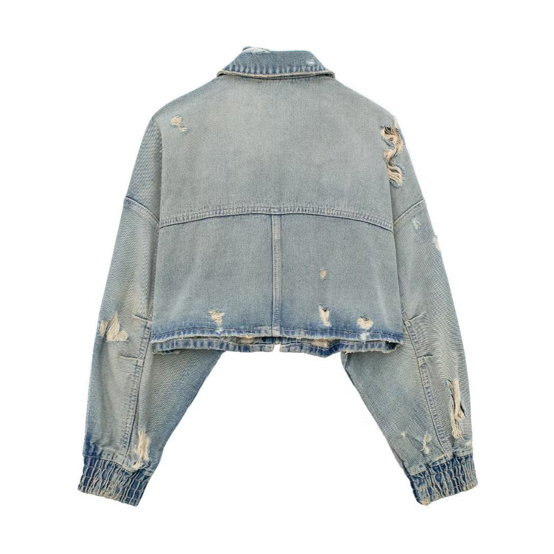 Ripped Denim Bomber Jacket