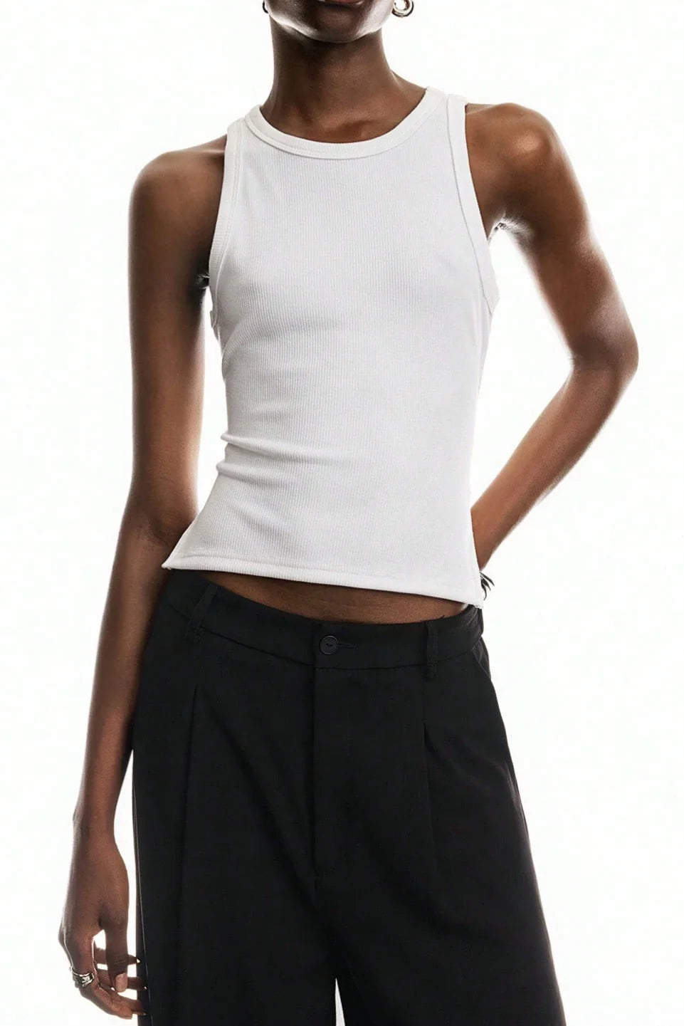 Solid-Color Wrap-Around Long Tie Design Sleeveless Round-Neck Backless Tank Top