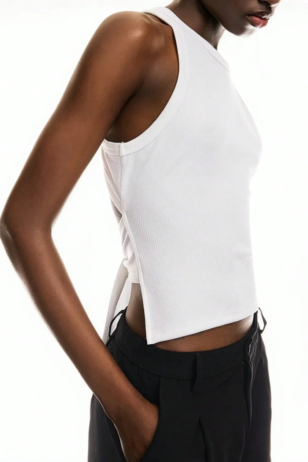 Solid-Color Wrap-Around Long Tie Design Sleeveless Round-Neck Backless Tank Top