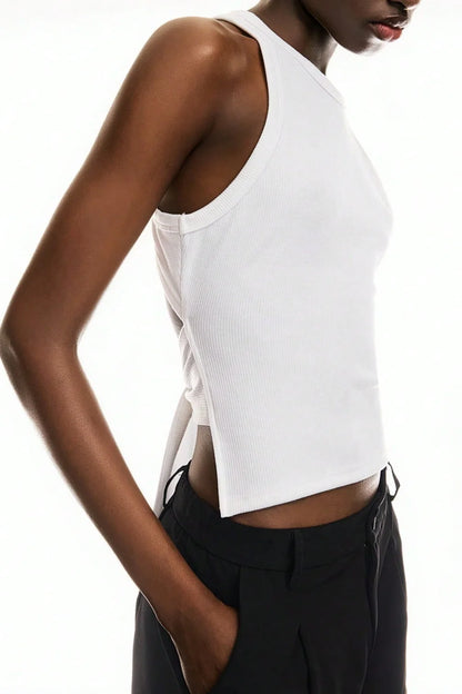 Solid-Color Wrap-Around Long Tie Design Sleeveless Round-Neck Backless Tank Top