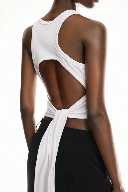 Solid-Color Wrap-Around Long Tie Design Sleeveless Round-Neck Backless Tank Top