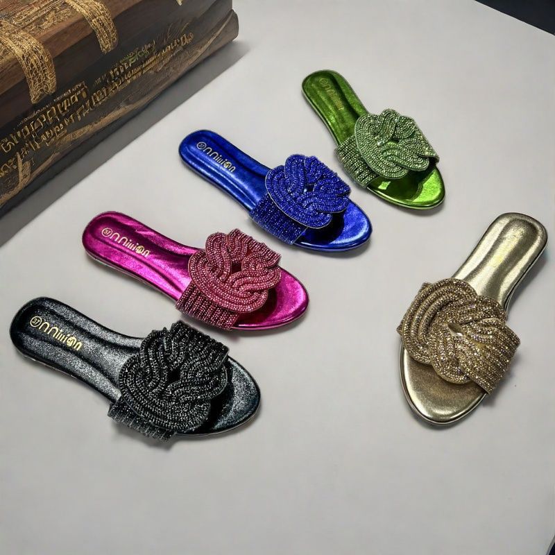 Rhinestone Flat Slide Sandals – Sparkly Slip-On Summer Shoes in Multiple Colors