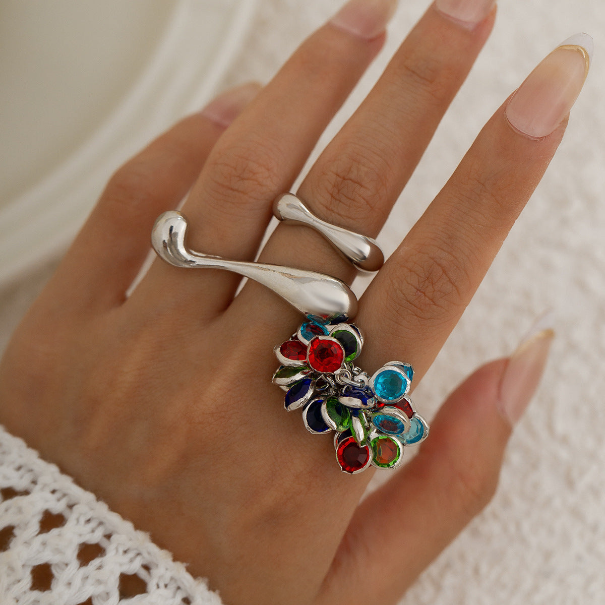 Color Gemstone Pendant Tassel Ring