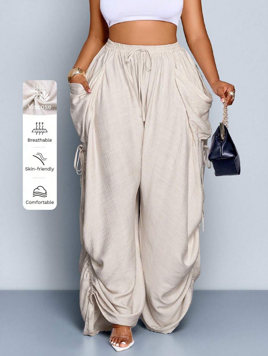 Women Solid Color Tie-Waist Wide Leg Baggy Pants With Big Pockets