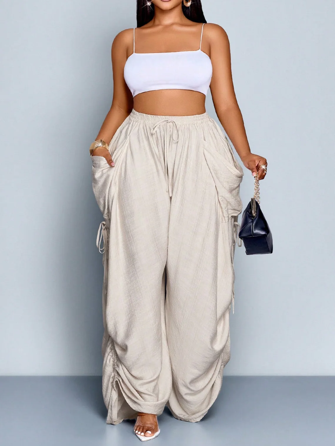 Women Solid Color Tie-Waist Wide Leg Baggy Pants With Big Pockets
