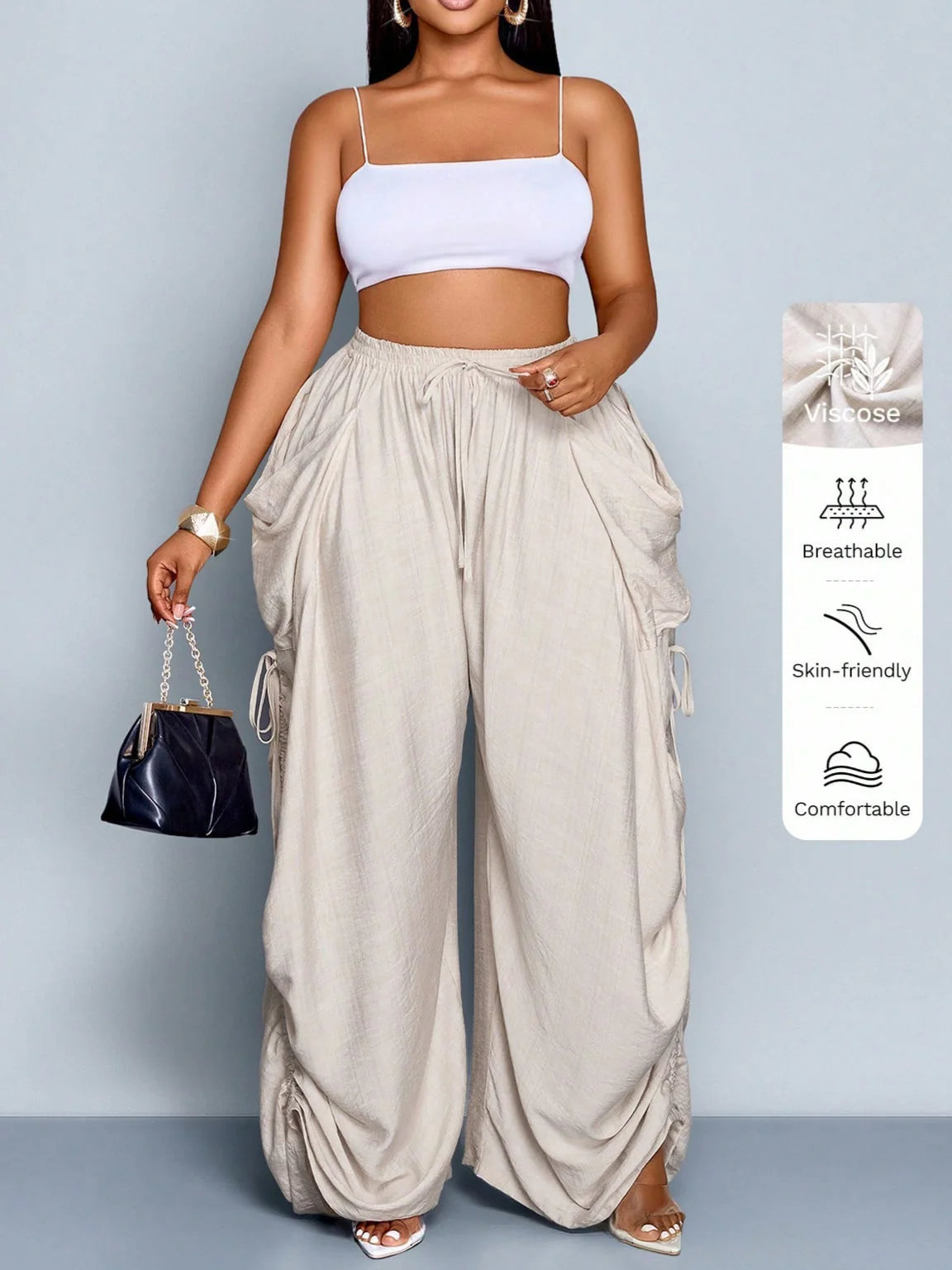 Women Solid Color Tie-Waist Wide Leg Baggy Pants With Big Pockets