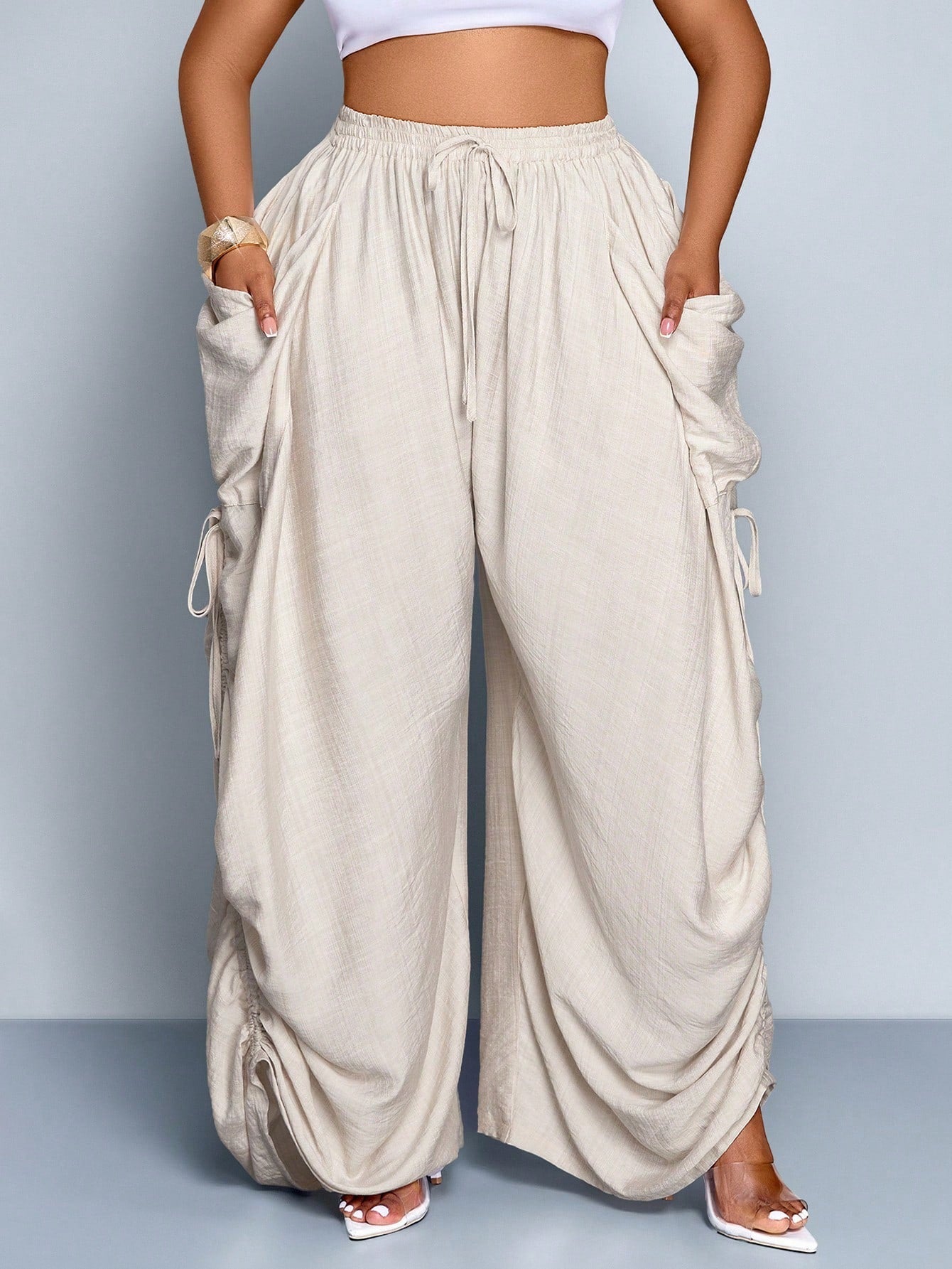 Women Solid Color Tie-Waist Wide Leg Baggy Pants With Big Pockets