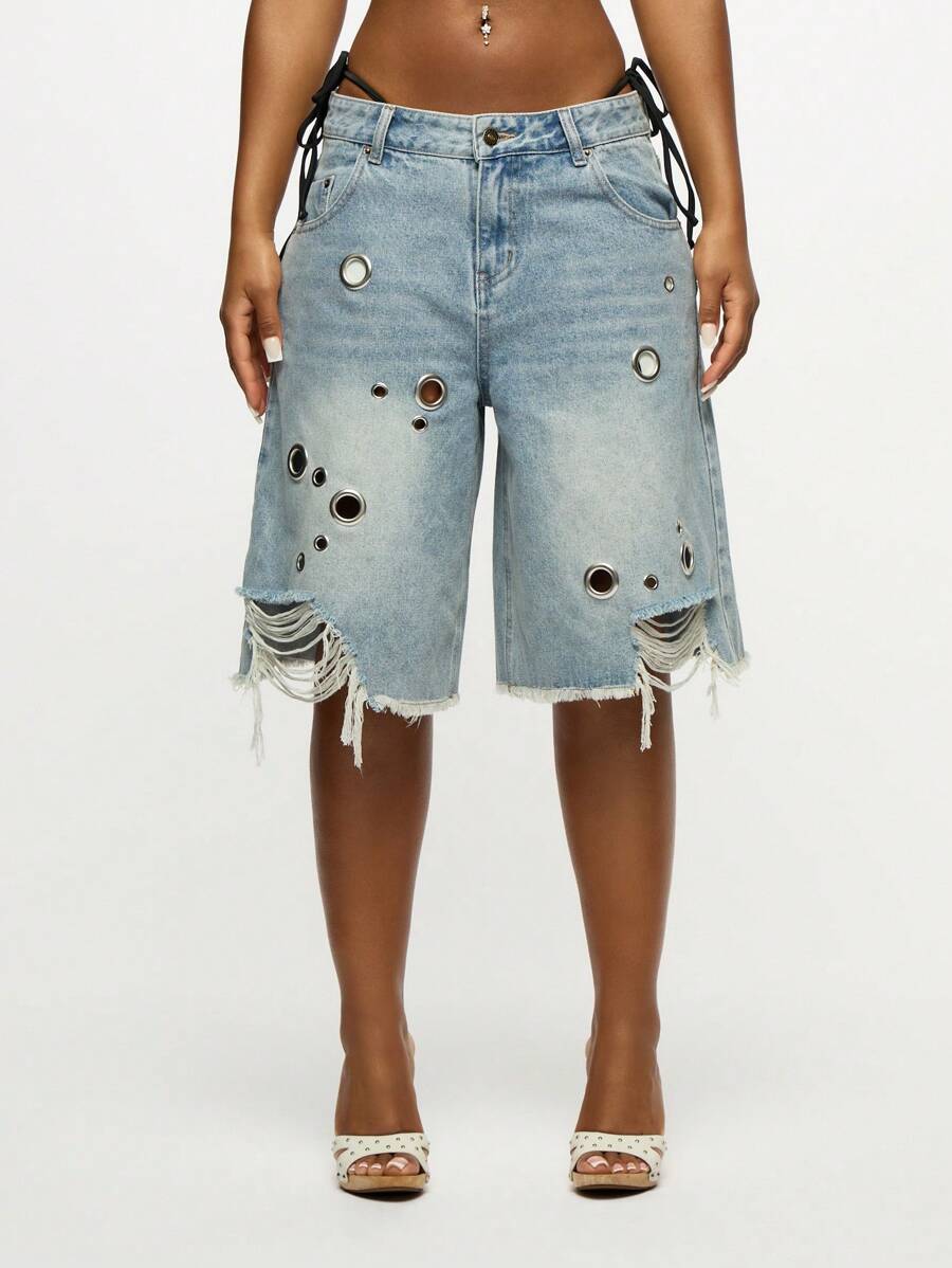 Distressed Denim Bermuda Shorts With Eyelet Details
