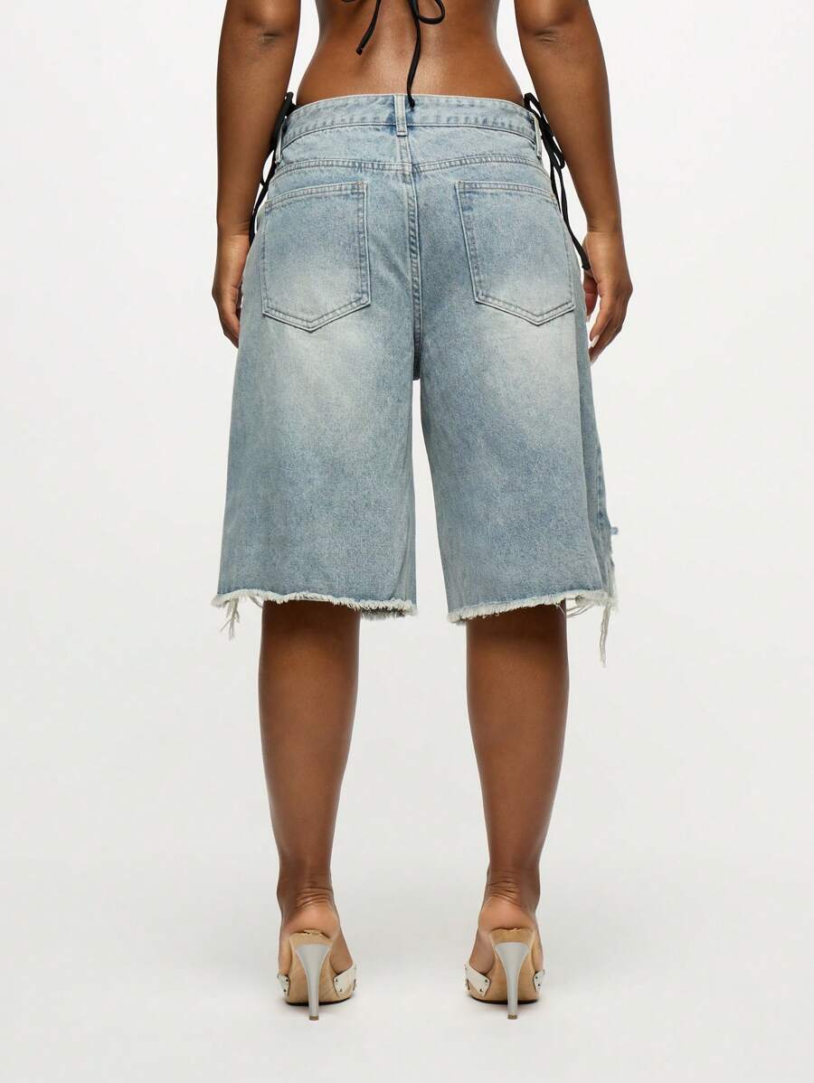 Distressed Denim Bermuda Shorts With Eyelet Details