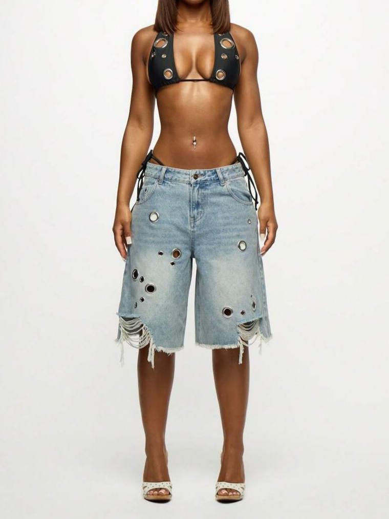 Distressed Denim Bermuda Shorts With Eyelet Details