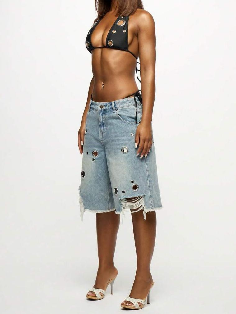 Distressed Denim Bermuda Shorts With Eyelet Details