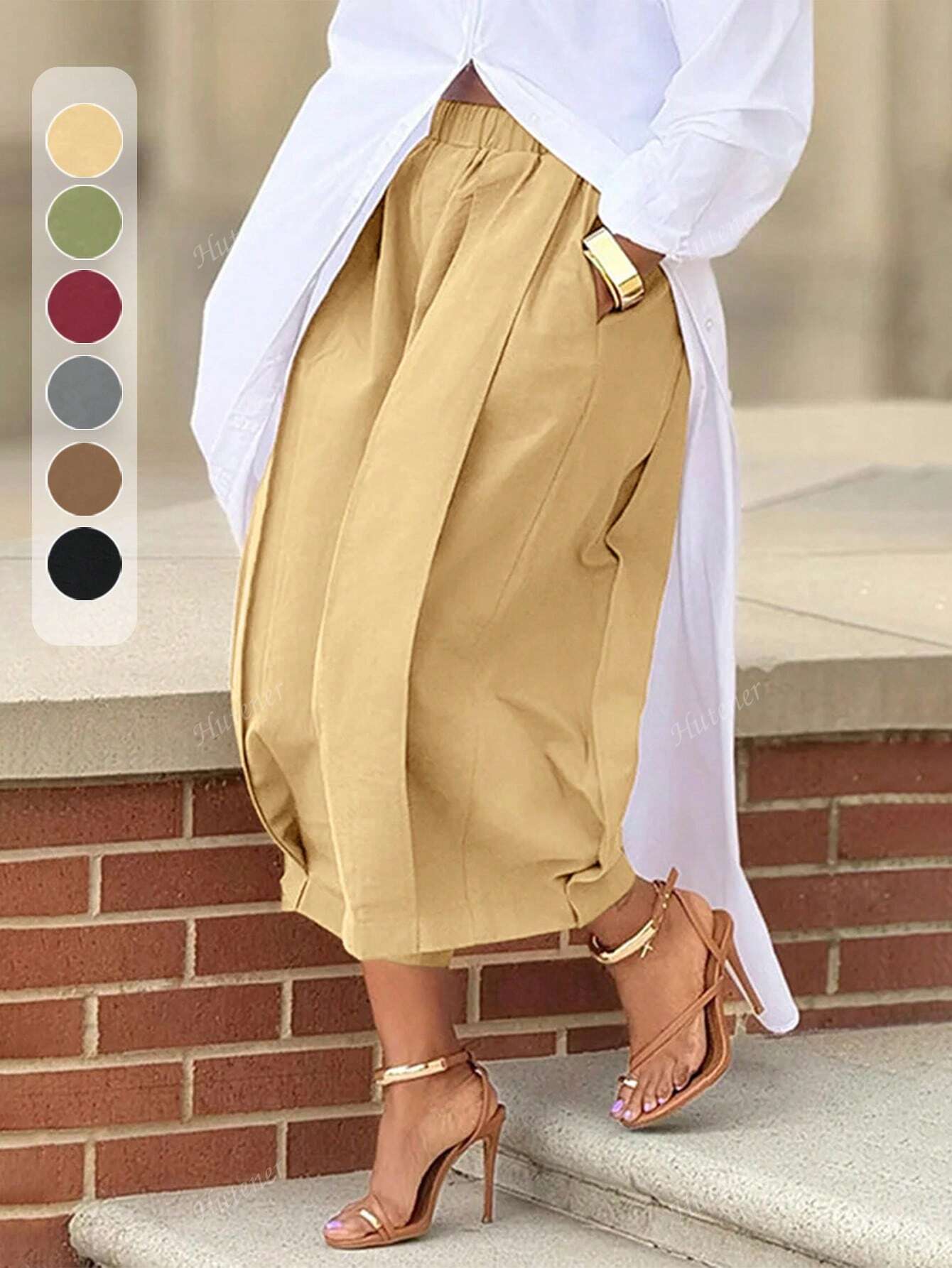 Women's Casual Wide Leg Pants With Elastic Waist And Pockets
