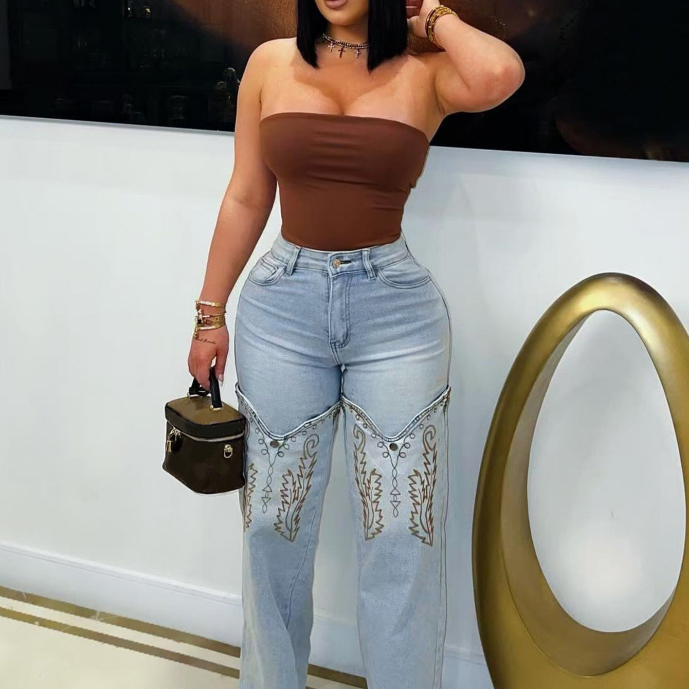 Embroidered High-Waist Wide-Leg Jeans