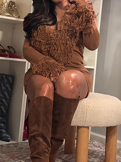 Faux Fur Trim Deep V-Neck Sweater Mini Dress