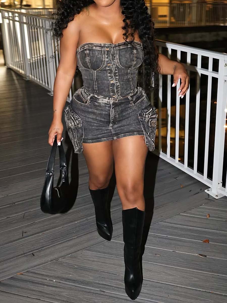 Fashion Strapless Buckle Stretch Denim Suit