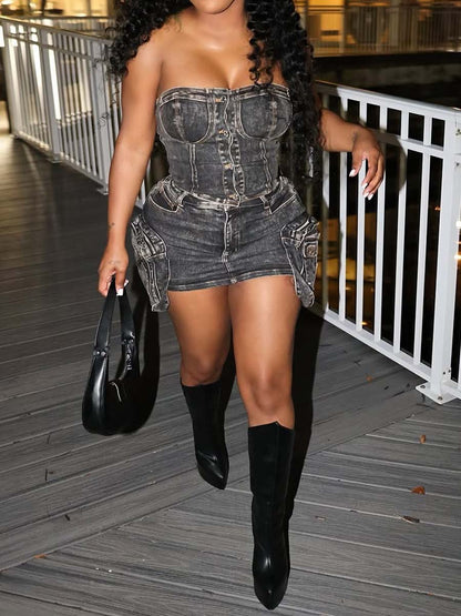 Fashion Strapless Buckle Stretch Denim Suit