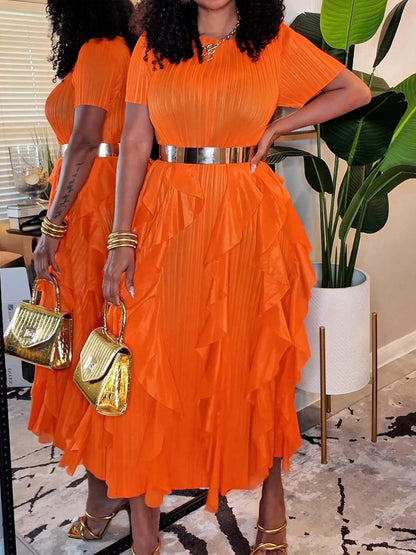 Ruffled Edges Round Neck High Waist Dress