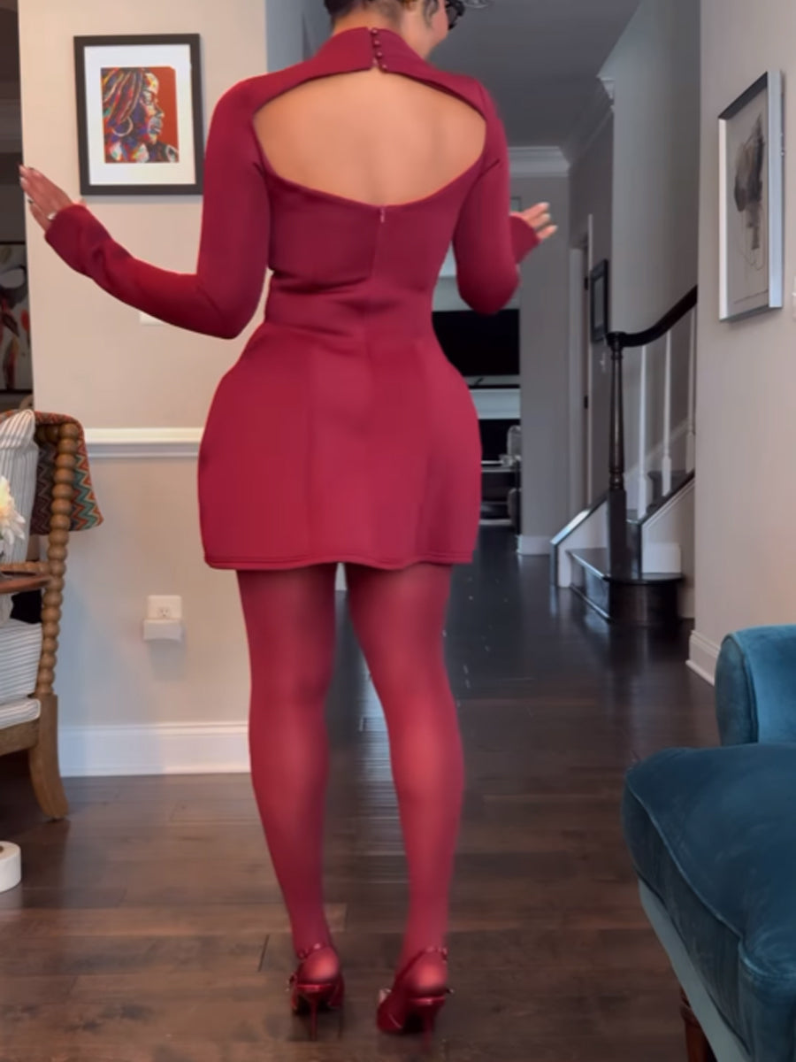 Mock Neck Long Sleeve Backless Sexy Mini Dress