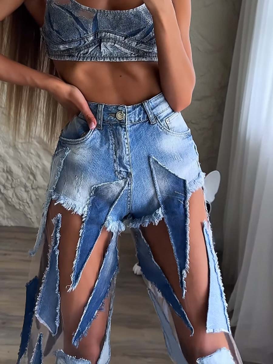 See-through Denim Patchwork Jeans