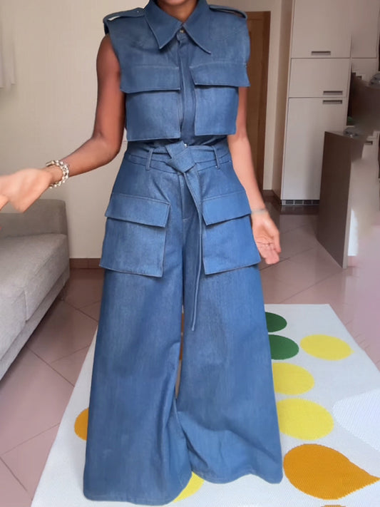 Denim Sleeveless Pockets Jumpsuit