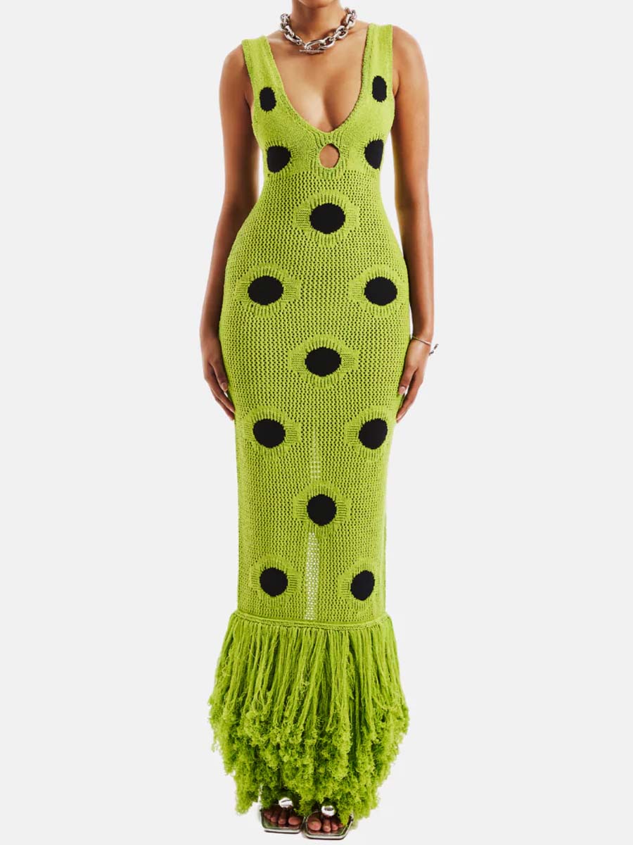 Fringed hem Deep V Neck Maxi Dress