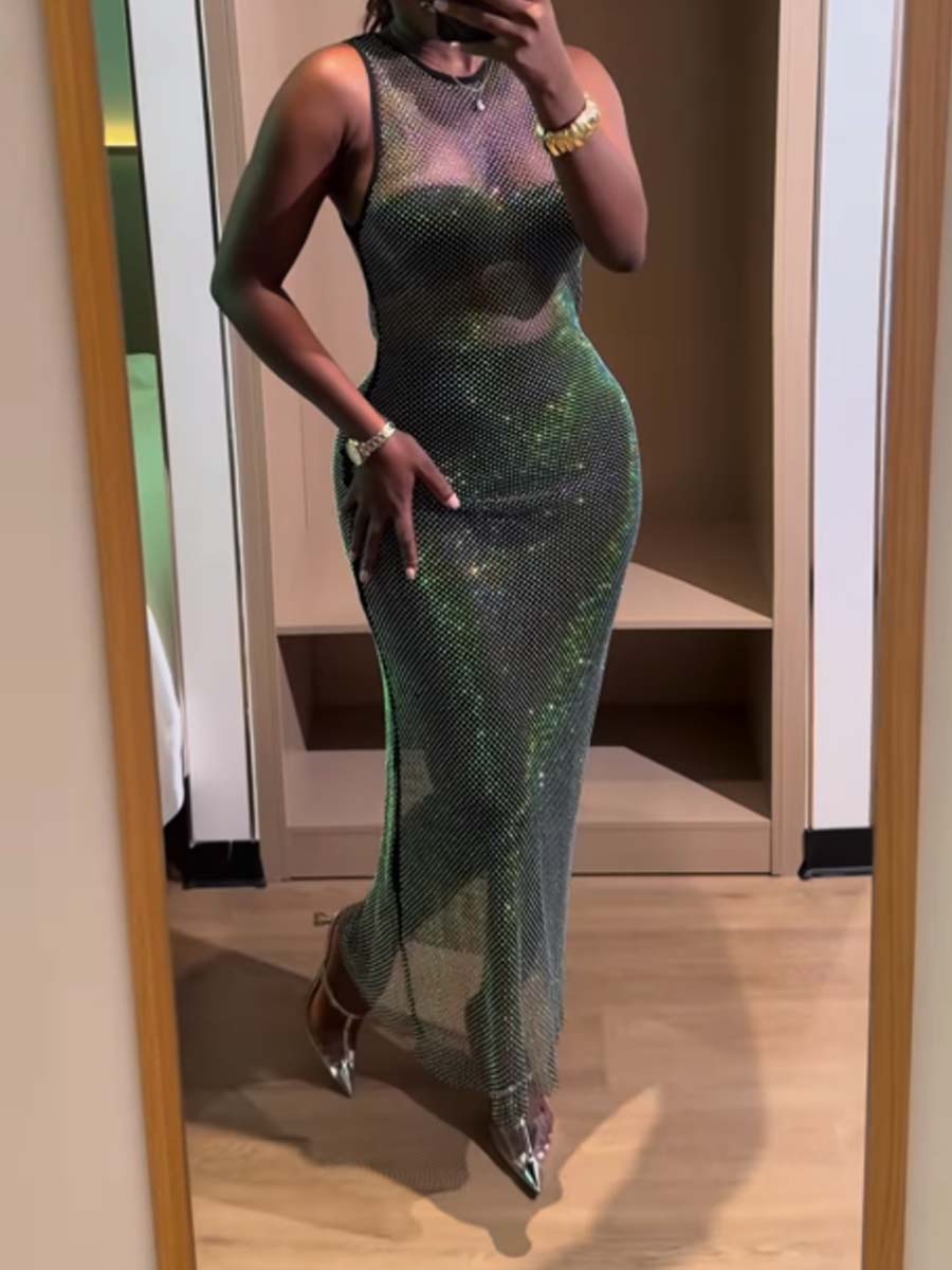 Shinny Sleeveless Hot Drilling Maxi Dress