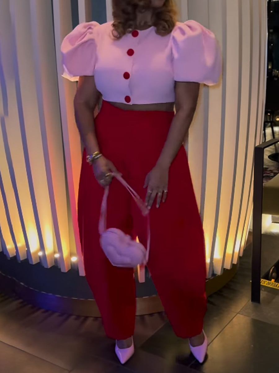 Fashion Puff Sleeve Two Pieces Set