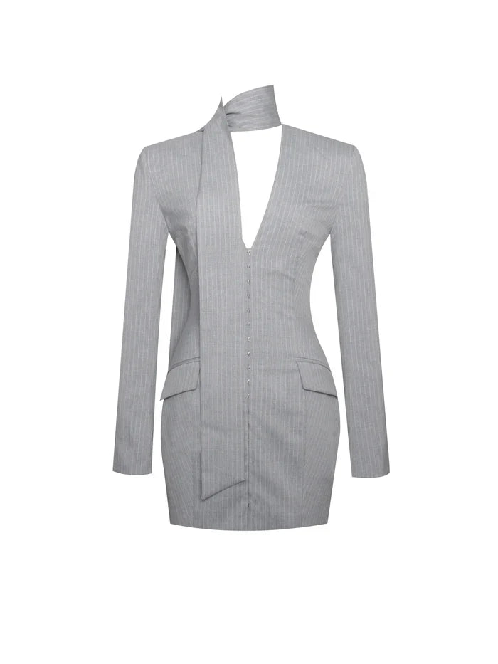 Deep V Pinstripes Gray Blazer Dress with scarf collar