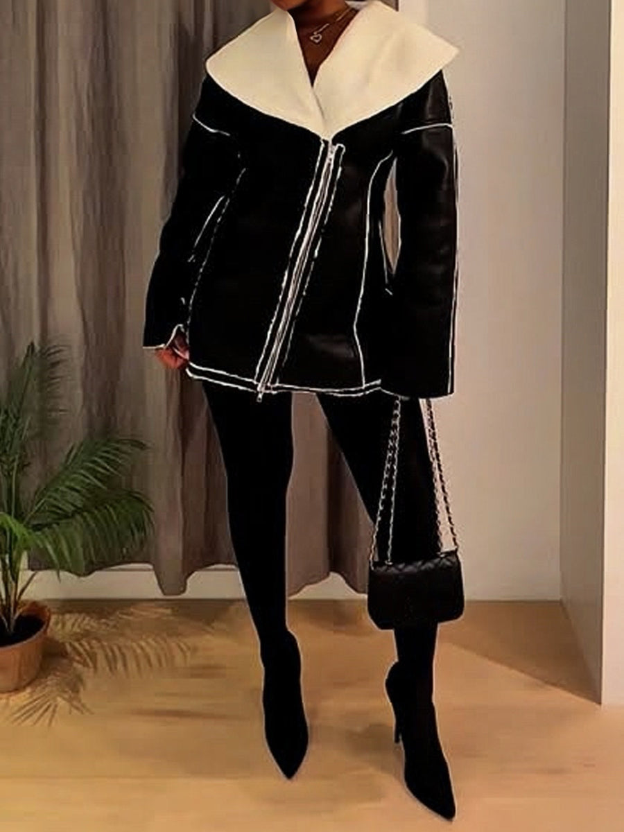 Fur Lapel Zipper Pockets Jacket