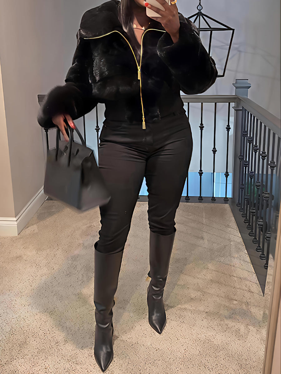 Faux Mink Fur Zip Up Bomber Coat