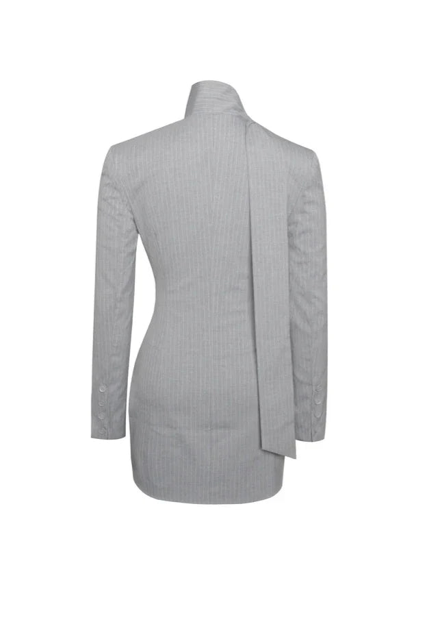 Deep V Pinstripes Gray Blazer Dress with scarf collar